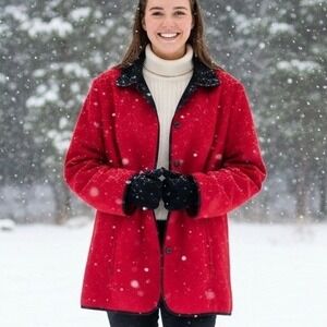 Alfred Dunner 22W $89 Red Faux Suede Black Fleece Button Front Zip Pocket Coat